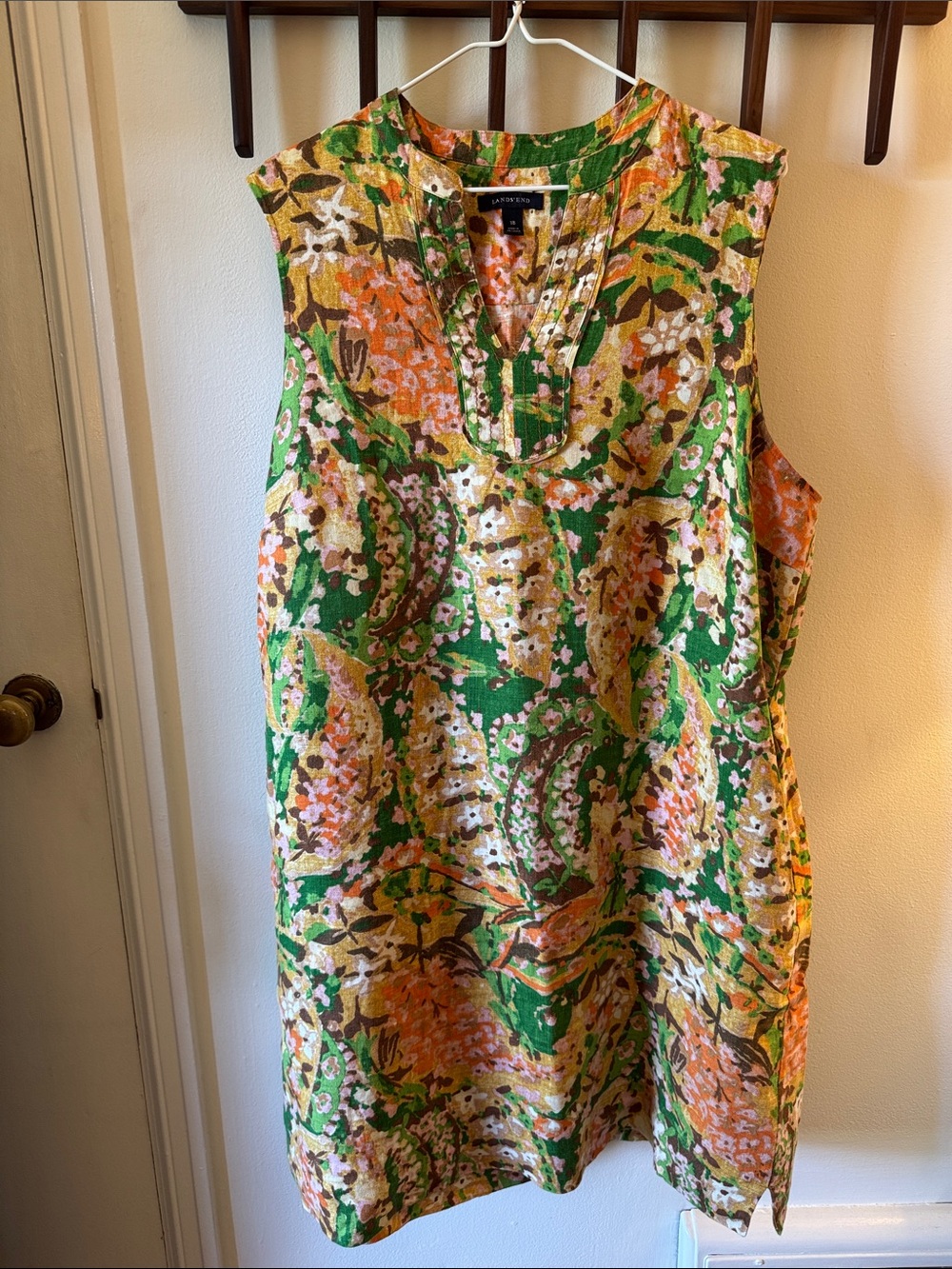 Lands’ End Green Orange Floral Sleeveless Shift Dress 100% Linen
